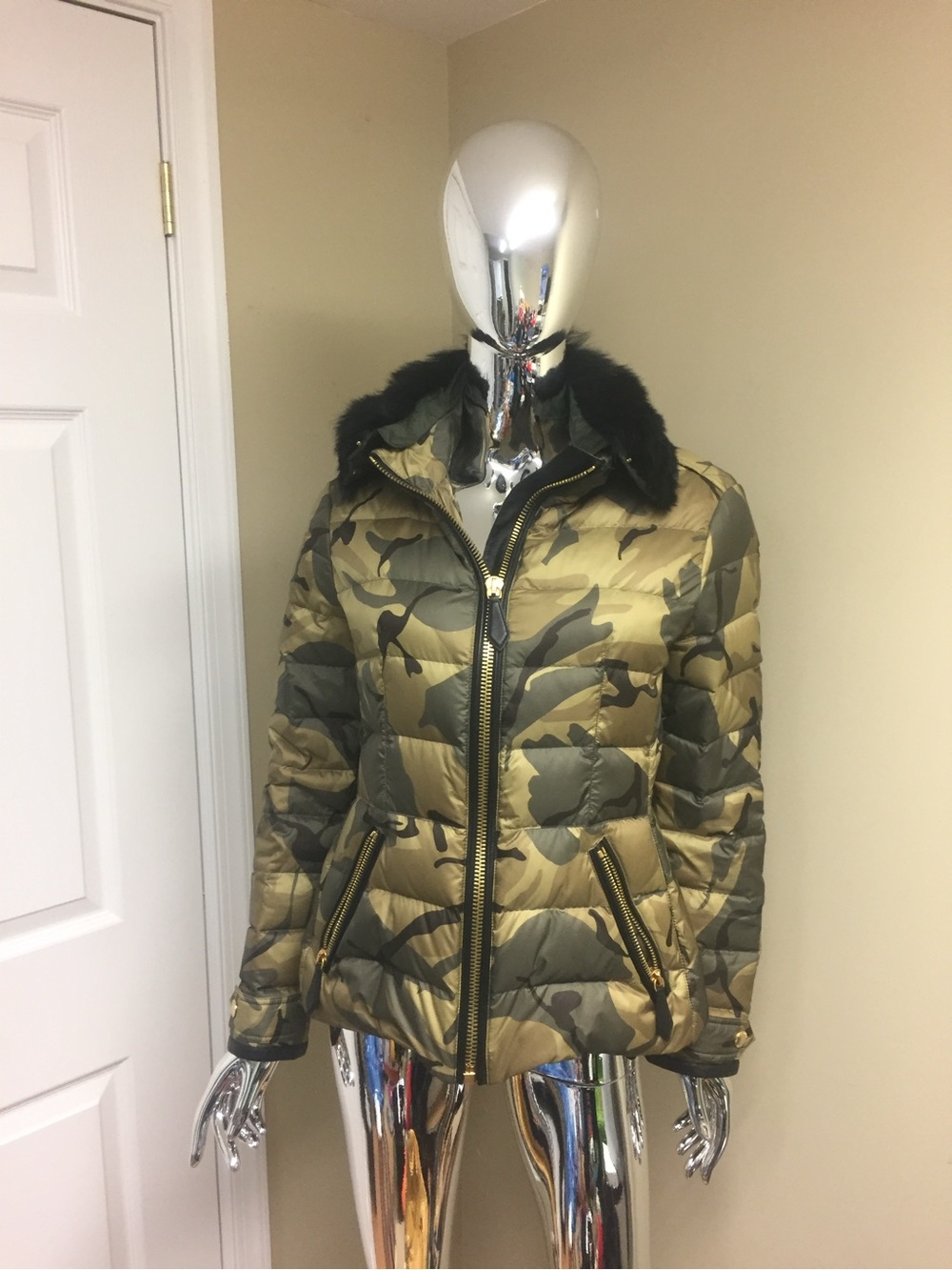 Burberry Camouflage Quilted Puffer Jacket with Black Fur Collar